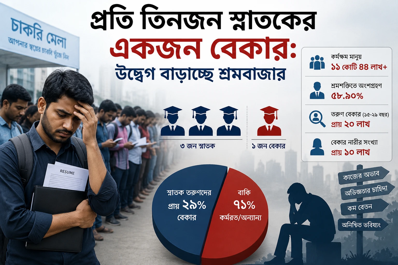প্রতি তিনজন স্নাতকের একজন বেকার: উদ্বেগ বাড়াচ্ছে শ্রমবাজার